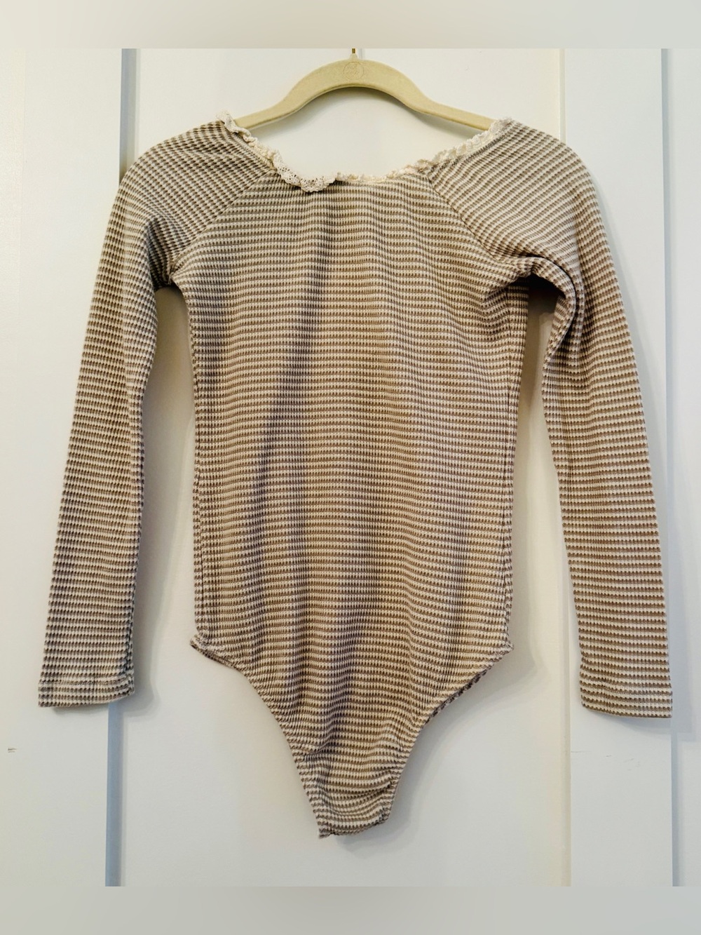 Altar'd State Beige Ribbed Long-Sleeve Striped Bodysuit